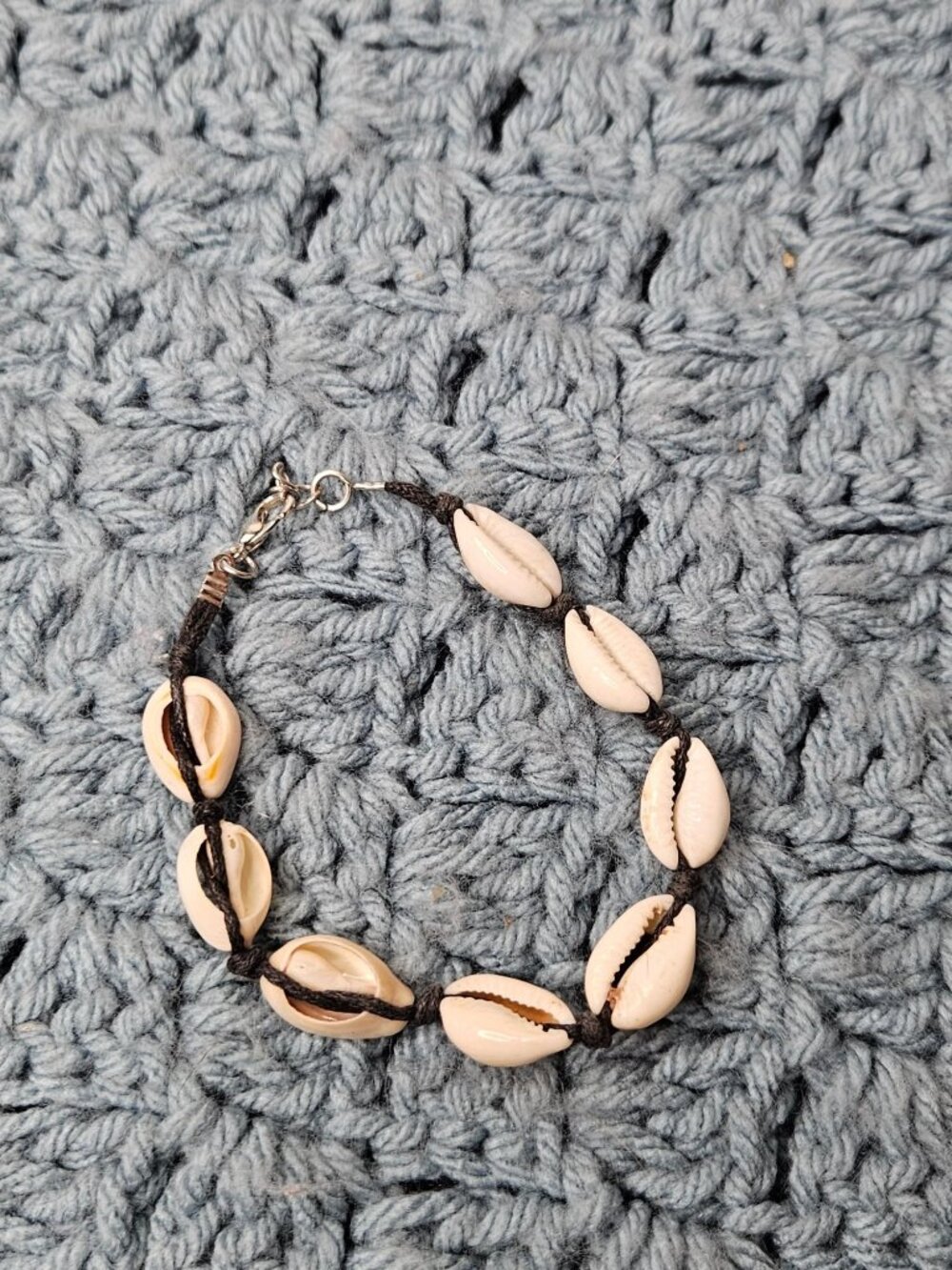 Cowrie Shell Black Cord Bracelet Silvertone Lobster Clasp 7.25 inches Long